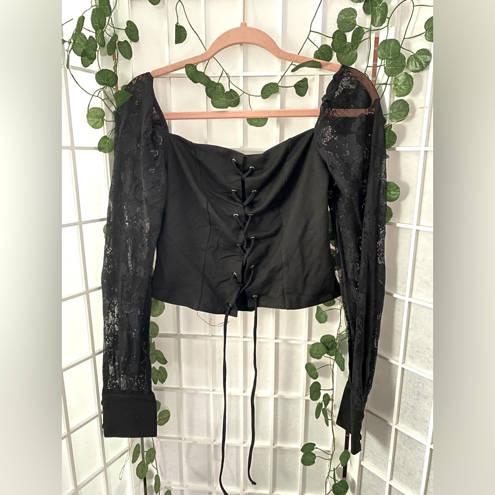 Beautiful Ribbed Gothic Cropped Black Lace Sleeve Mock Corset top by Venus